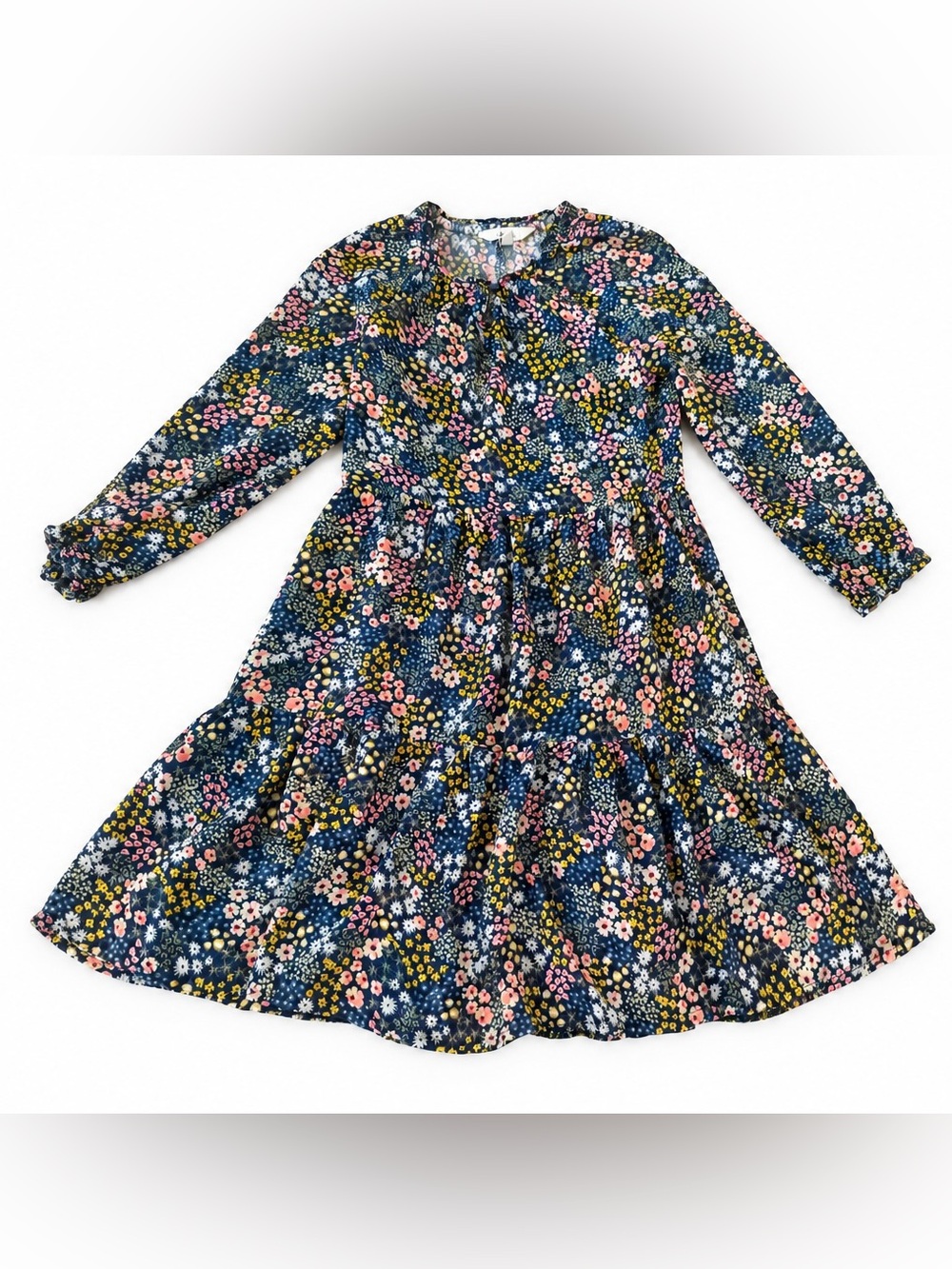 Joules Youth 8 Navy Floral Tiered Long-Sleeve Dress